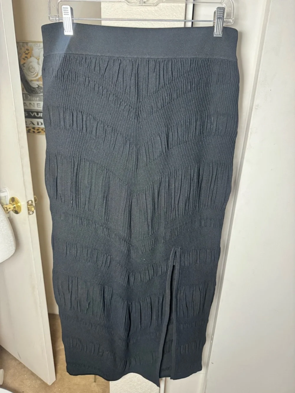 Adrienne Landau Black Textured Midi Skirt with Front Slit